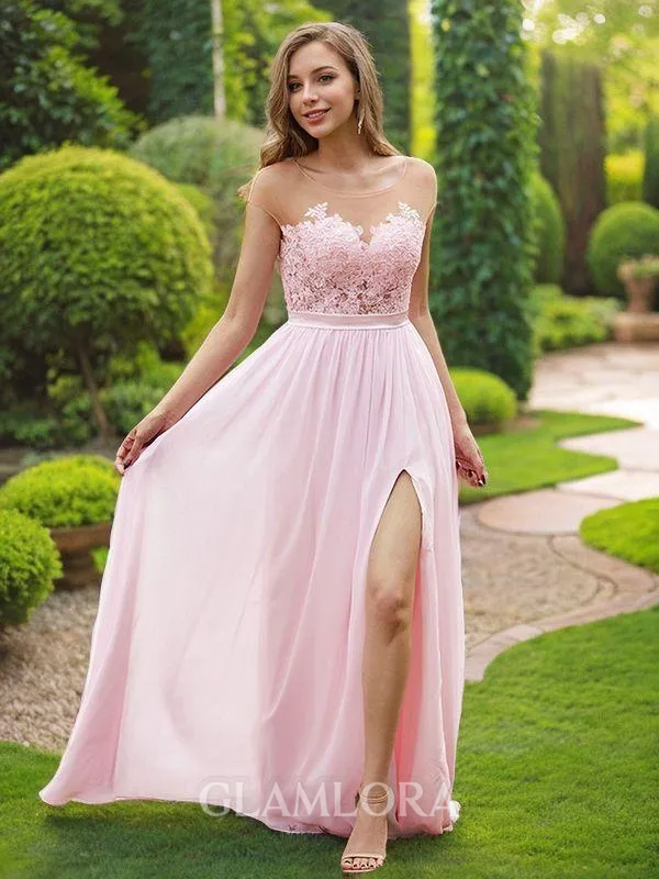 A-line Scoop Short Sleeves Floor-Length Unique Chiffon Bridesmaid Dresses