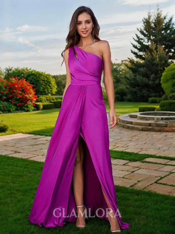 A-line One-Shoulder Elegant Sleeveless Floor-Length Jersey Bridesmaid Dresses