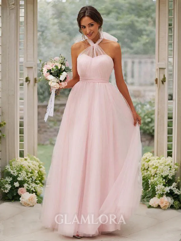 Bedazzling A-line Halter Sleeveless Floor-Length Tulle Bridesmaid Dresses