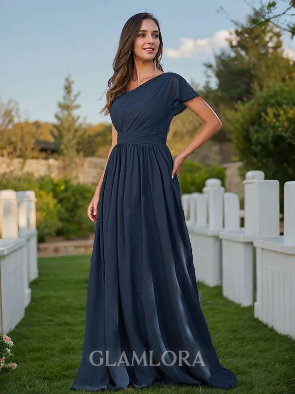 A-line One-Shoulder Stylish Short Sleeves Floor-Length Chiffon Bridesmaid Dresses