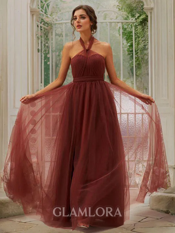 A-line Halter Sleeveless Radiant Floor-Length Tulle Bridesmaid Dresses