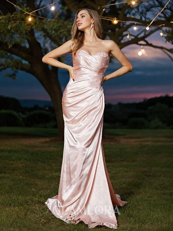 Sheath/Column Sweetheart Sleeveless Form-fitting Sweep Train Silk like Satin Bridesmaid Dresses