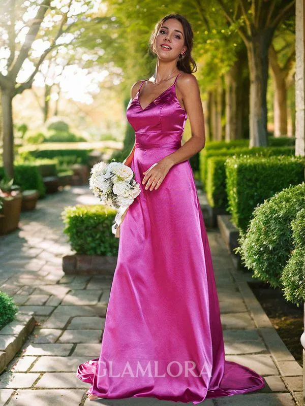 A-line V-Neck Refined Sleeveless Sweep Train Silk like Satin Bridesmaid Dresses