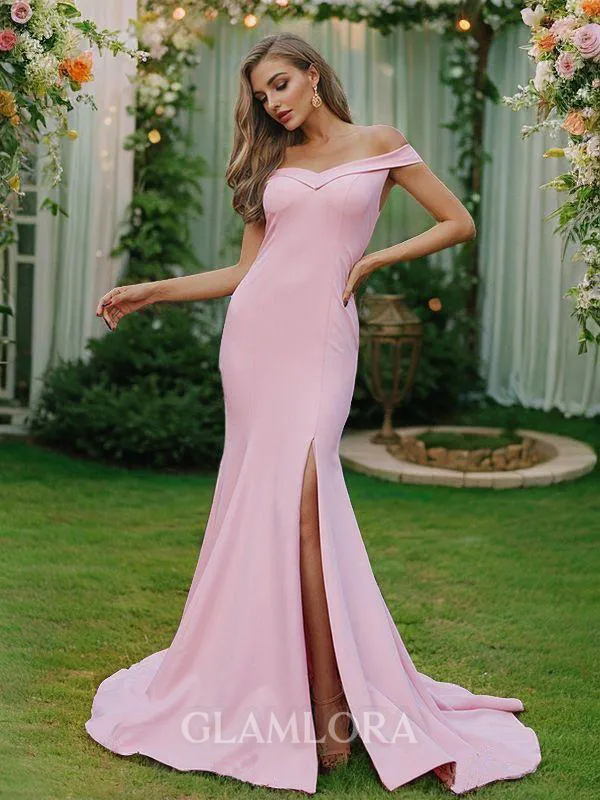 Sheath/Column Off-the-Shoulder Sleeveless Sweep Train Crisp Stretch Crepe Bridesmaid Dresses
