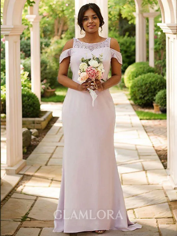 Modern Sheath/Column Scoop Sleeveless Sweep Train Stretch Crepe Bridesmaid Dresses