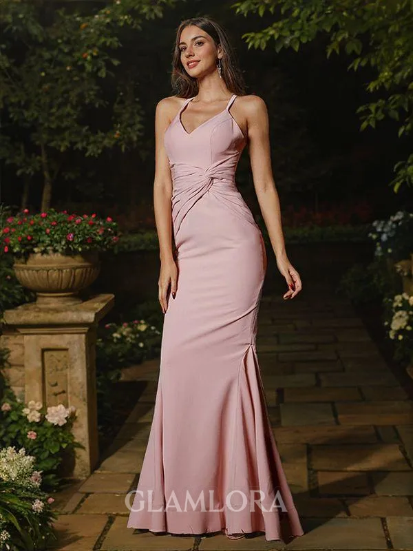 Sheath/Column V-Neck Classic Sleeveless Floor-Length Stretch Crepe Bridesmaid Dresses