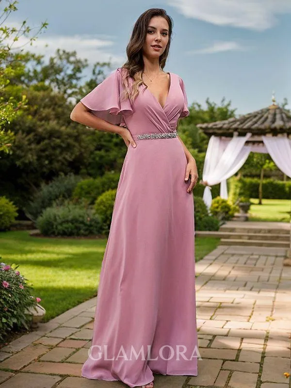 A-line V-Neck Charming Short Sleeves Floor-Length Chiffon Bridesmaid Dresses