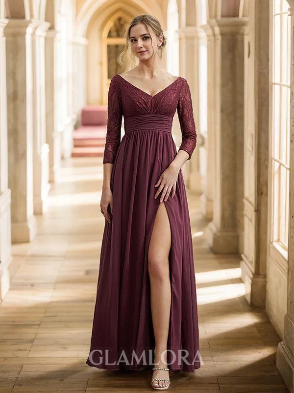 A-line V-Neck Flattering Long Sleeves Floor-Length Chiffon Bridesmaid Dresses