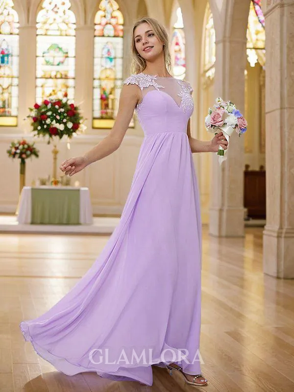 A-line Scoop Charming Short Sleeves Floor-Length Chiffon Bridesmaid Dresses