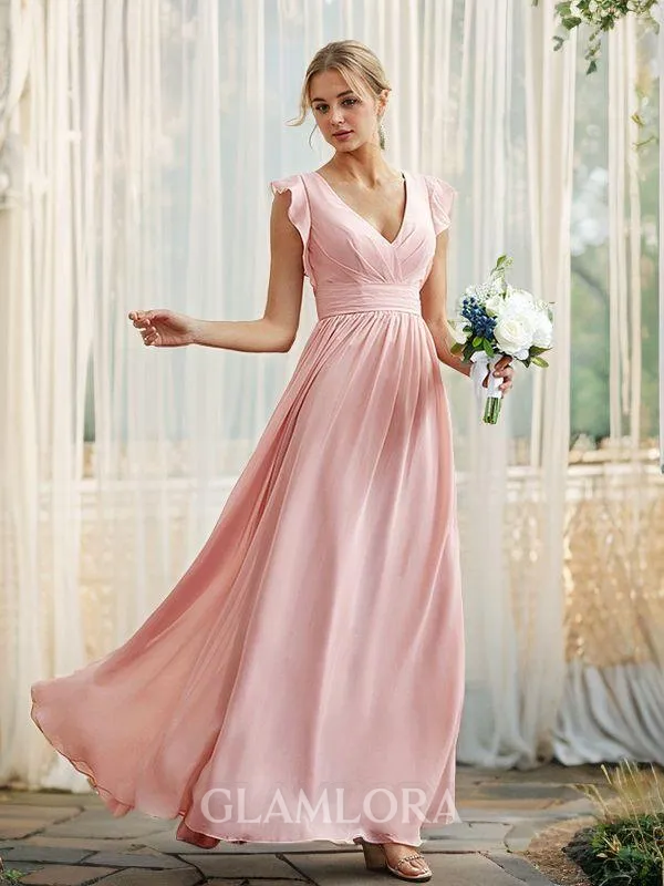 A-line V-Neck Glam Sleeveless Floor-Length Chiffon Bridesmaid Dresses