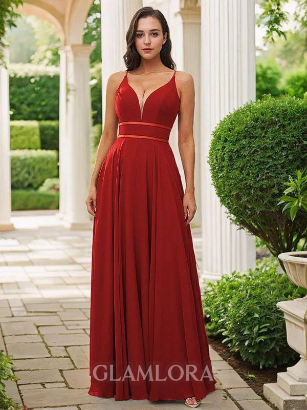 A-line V-Neck Exquisite Sleeveless Floor-Length Chiffon Bridesmaid Dresses