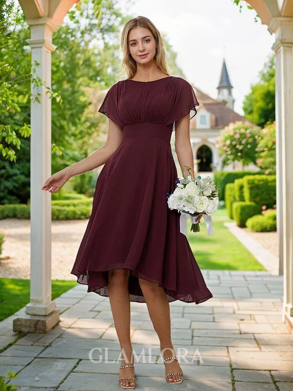 A-line Scoop Timeless Short Sleeves Asymmetrical Chiffon Bridesmaid Dresses
