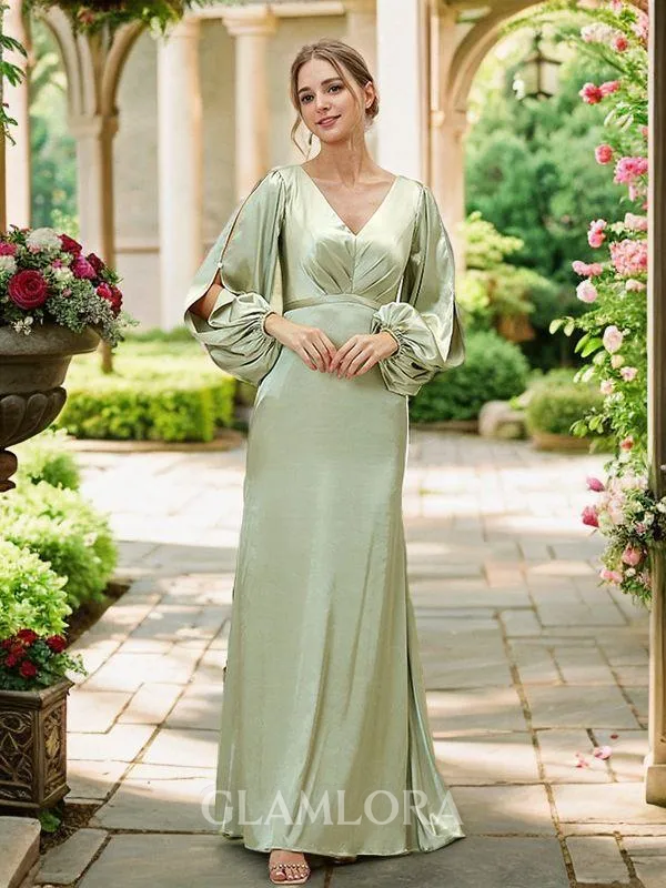 Sheath/Column V-Neck Seductive Long Sleeves Floor-Length Silk like Satin Bridesmaid Dresses