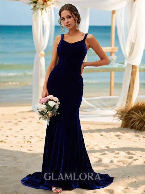 Trumpet/Mermaid Twinkling Straps Sleeveless Sweep Train Velvet Bridesmaid Dresses