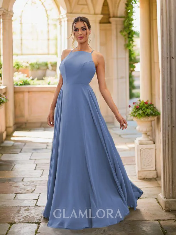 A-line Halter Pretty Sleeveless Floor-Length Chiffon Bridesmaid Dresses