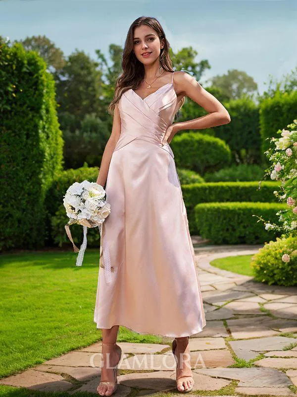 A-line V-Neck Graceful Sleeveless Ankle-Length Silk like Satin Bridesmaid Dresses