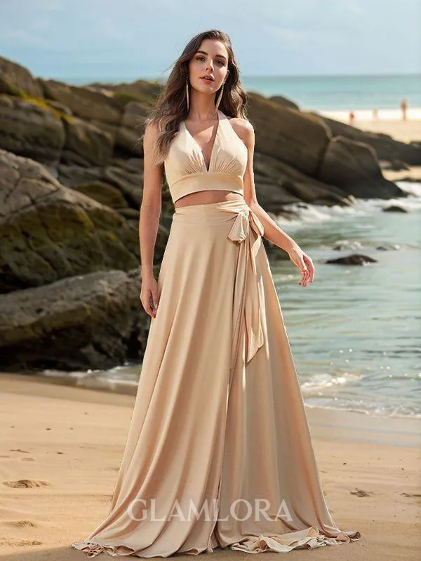 A-line Halter Graceful Sleeveless Sweep Train Jersey Bridesmaid Dresses
