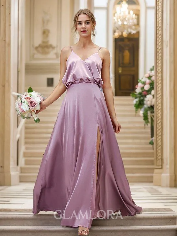 A-line V-Neck Chic Sleeveless Floor-Length Silk like Satin Bridesmaid Dresses