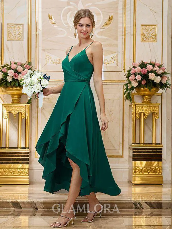 A-line V-Neck Graceful Sleeveless Asymmetrical Satin Chiffon Bridesmaid Dresses
