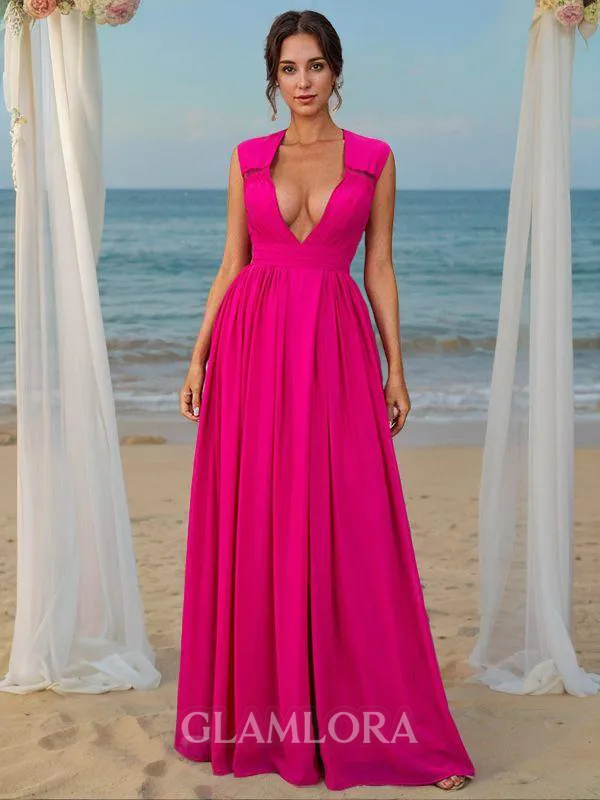 A-line V-Neck Sleeveless Floor-Length Elegant Chiffon Bridesmaid Dresses