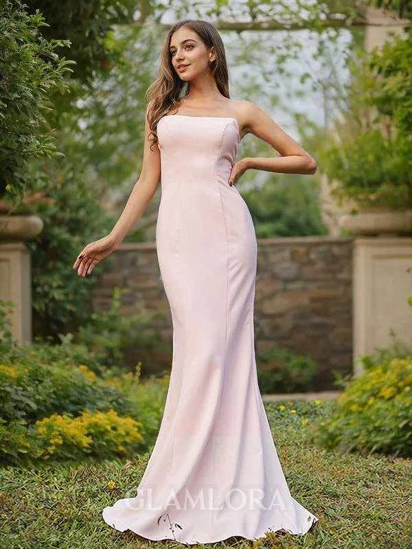 Sheath/Column Strapless Effortless Sleeveless Sweep Train Stretch Crepe Bridesmaid Dresses
