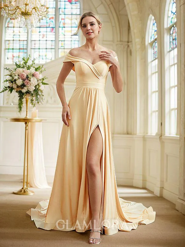 A-line Off-the-Shoulder Classy Sleeveless Court Train Jersey Bridesmaid Dresses