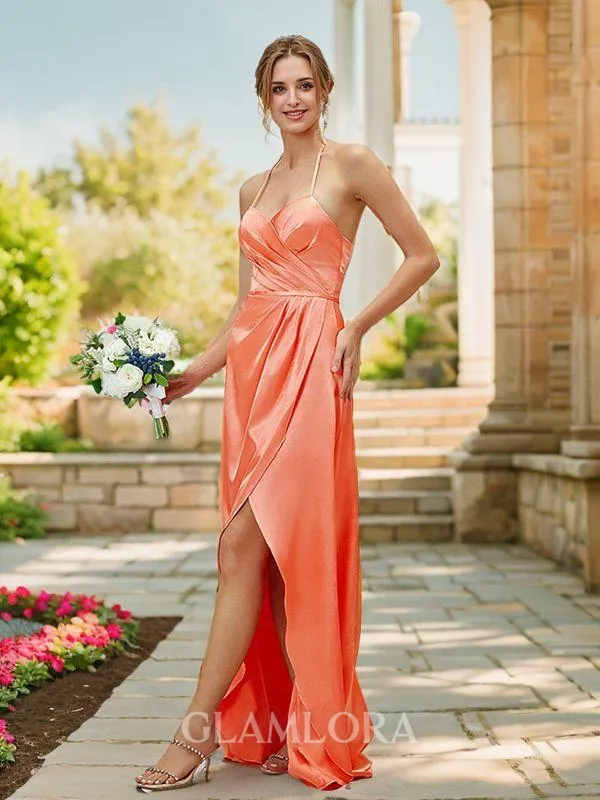 A-line V-Neck Elegant Sleeveless Asymmetrical Silk like Satin Bridesmaid Dresses