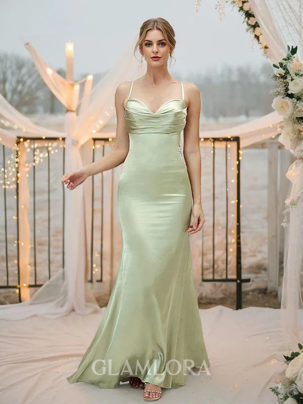 Sheath/Column V-Neck Va-va-voom Sleeveless Floor-Length Silk like Satin Bridesmaid Dresses