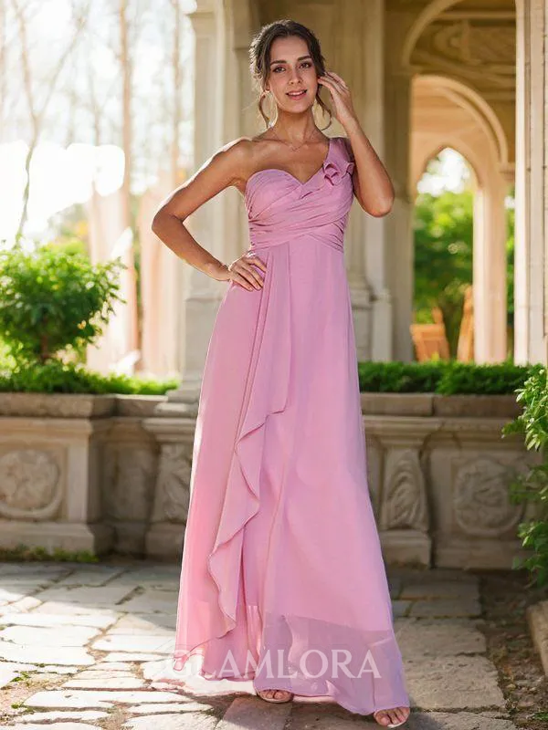 A-line One-Shoulder Stunning Sleeveless Floor-Length Chiffon Bridesmaid Dresses