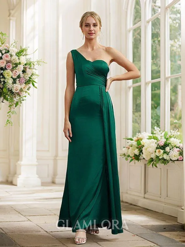 Sheath/Column One-Shoulder Form-fitting Sleeveless Floor-Length Silk like Satin Bridesmaid Dresses