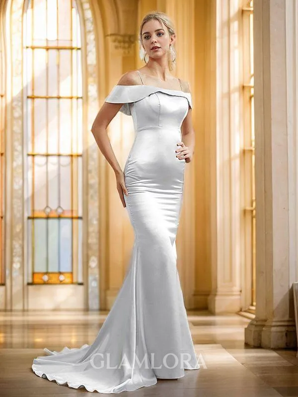 Sheath/Column Spaghetti Straps Attention-grabbing Sleeveless Sweep Train Silk like Satin Bridesmaid Dresses