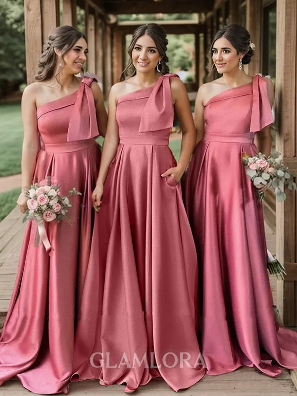 Luxurious A-line One-Shoulder Satin Floor-Length Bridesmaid Dress With Pockets