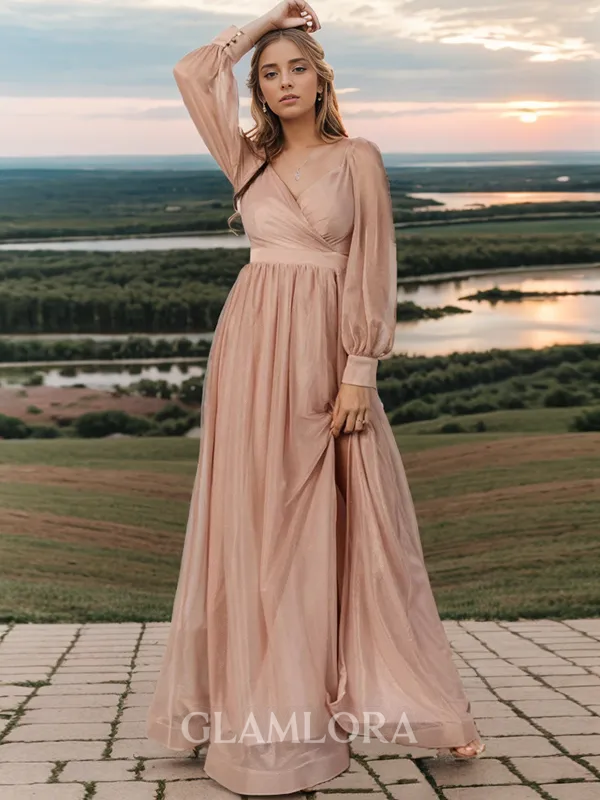 Fashion A-line V-neck Long Sleeves Floor-Length Bridesmaid Dress With Slit
