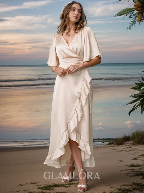 Hot A-line V-neck Short Sleeves Silk Like Satin Asymmetrical Bridesmaid Dress With Ruffles