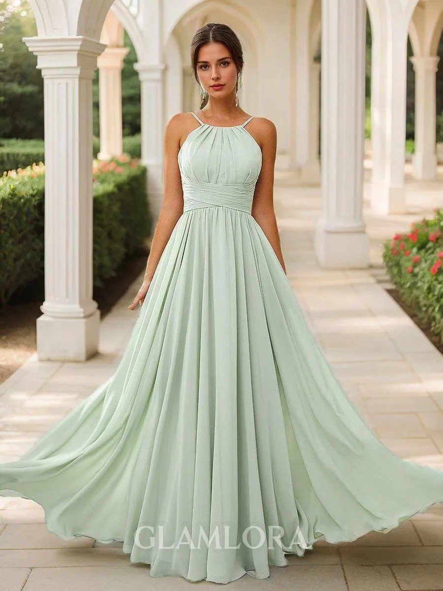 A-line Chic Halter Floor-Length Chiffon Bridesmaid Dress With Pleated