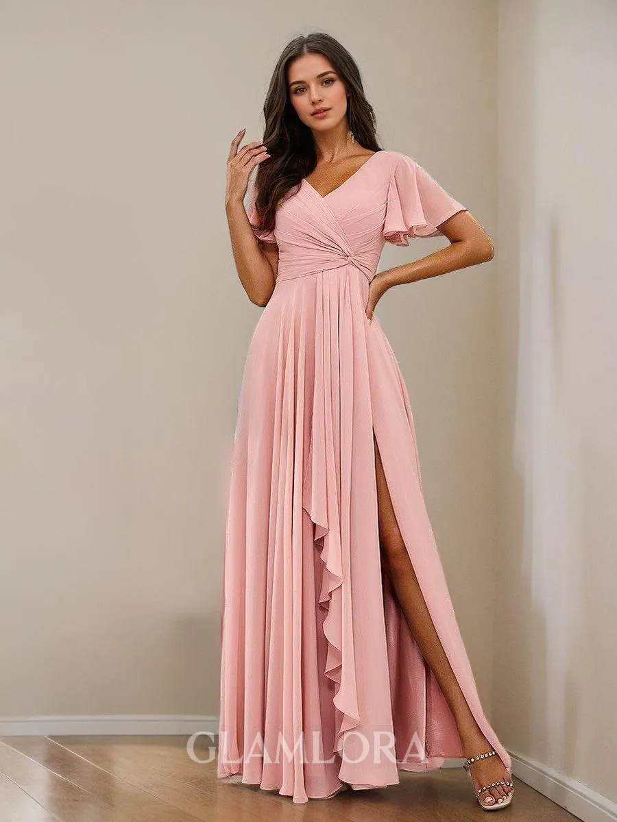 A-line Dreamy V-neck Short Sleeves Floor-Length Chiffon Bridesmaid Dress With Slit
