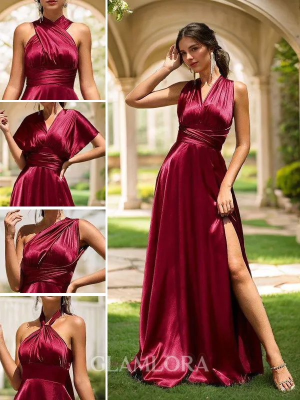 Perfect A-line Floor-Length Silk Like Satin Convertible Bridesmaid Dress With Slit
