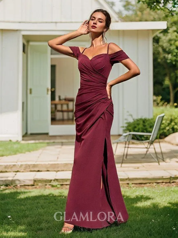 Sexy Sheath/Column Cold Shoulder Sweep Train Stretch Crepe Bridesmaid Dress With Slit
