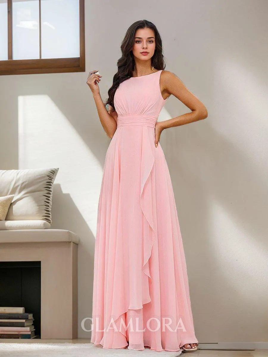 A-line Exquisite Scoop Floor-Length Chiffon Bridesmaid Dress With Ruffles