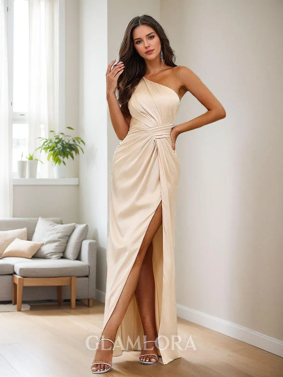 Sheath/Column Sleek One-Shoulder Floor-Length Silk like Satin Bridesmaid Dress With Slit