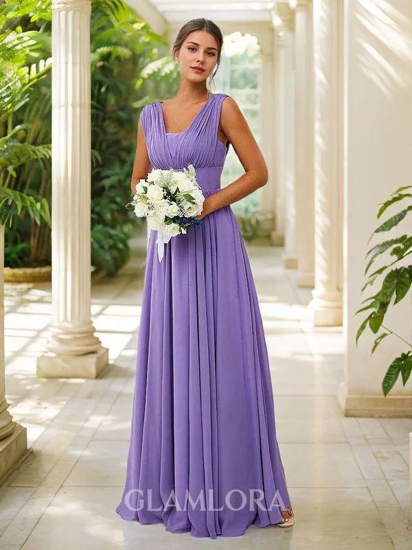 A-line Elegant V-neck Floor-Length Chiffon Bridesmaid Dress With Pleated