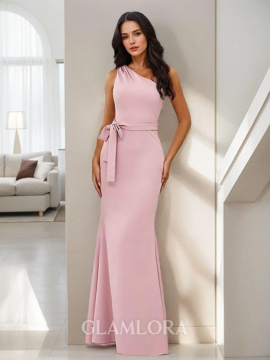 Classic Sheath/Column One-Shoulder Floor-Length Stretch Crepe Bridesmaid Dress With Bow