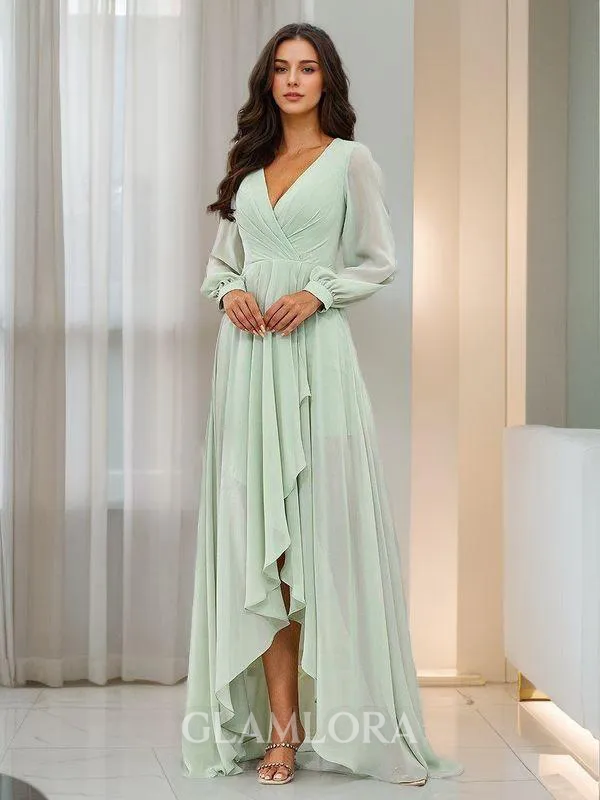 A-line Timeless V-neck Long Sleeves Asymmetrical Chiffon Bridesmaid Dress With Pleated