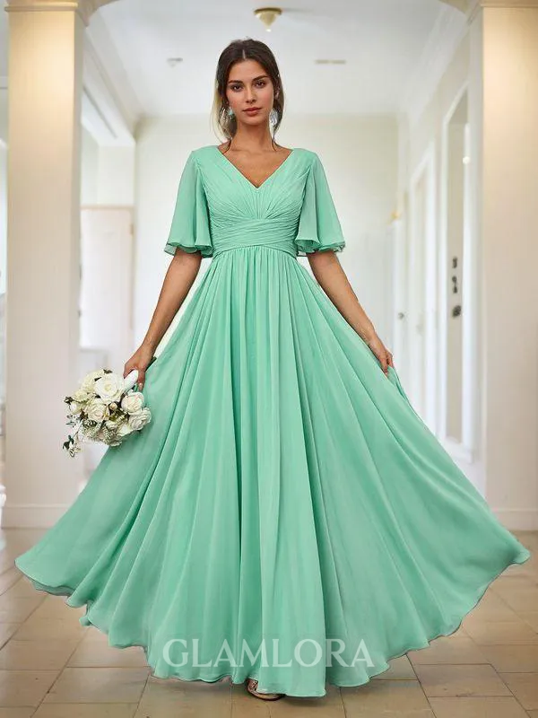 A-line Simple V-neck Short Sleeves Floor-Length Chiffon Bridesmaid Dress With Pleated