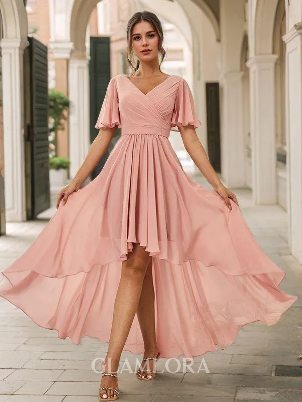 A-line Elegant V-neck Short Sleeves Asymmetrical Chiffon Bridesmaid Dress With Pockets