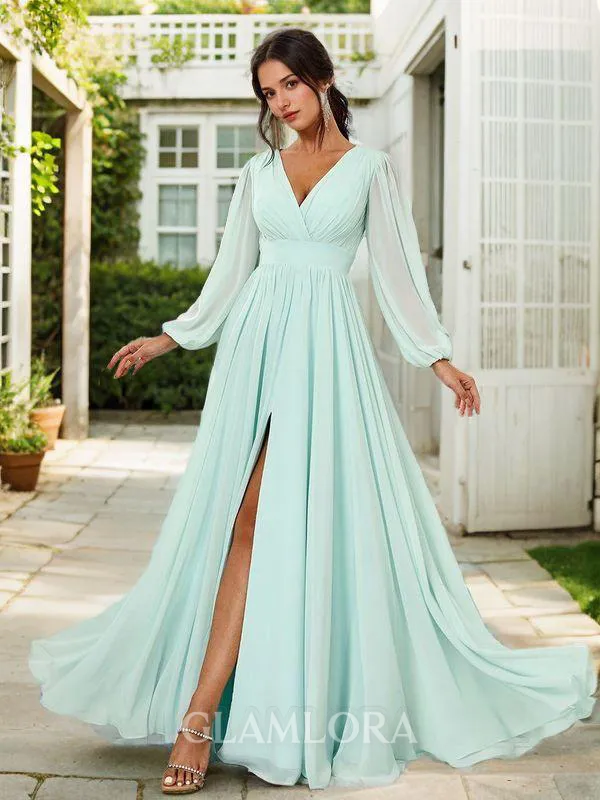 Classic A-line V-neck Long Sleeves Floor-Length Chiffon Bridesmaid Dress With Slit