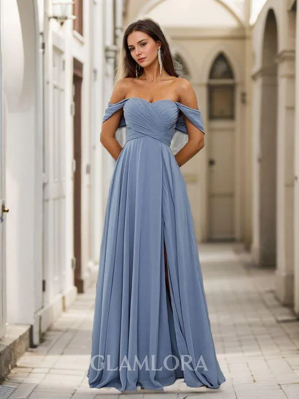 A-line Beautiful Off-the-Shoulder Floor-Length Chiffon Bridesmaid Dress With Slit