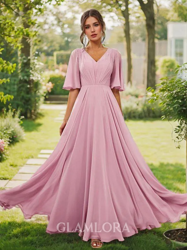Subtle A-line V-neck Short Sleeves Floor-Length Chiffon Bridesmaid Dress With Pleated