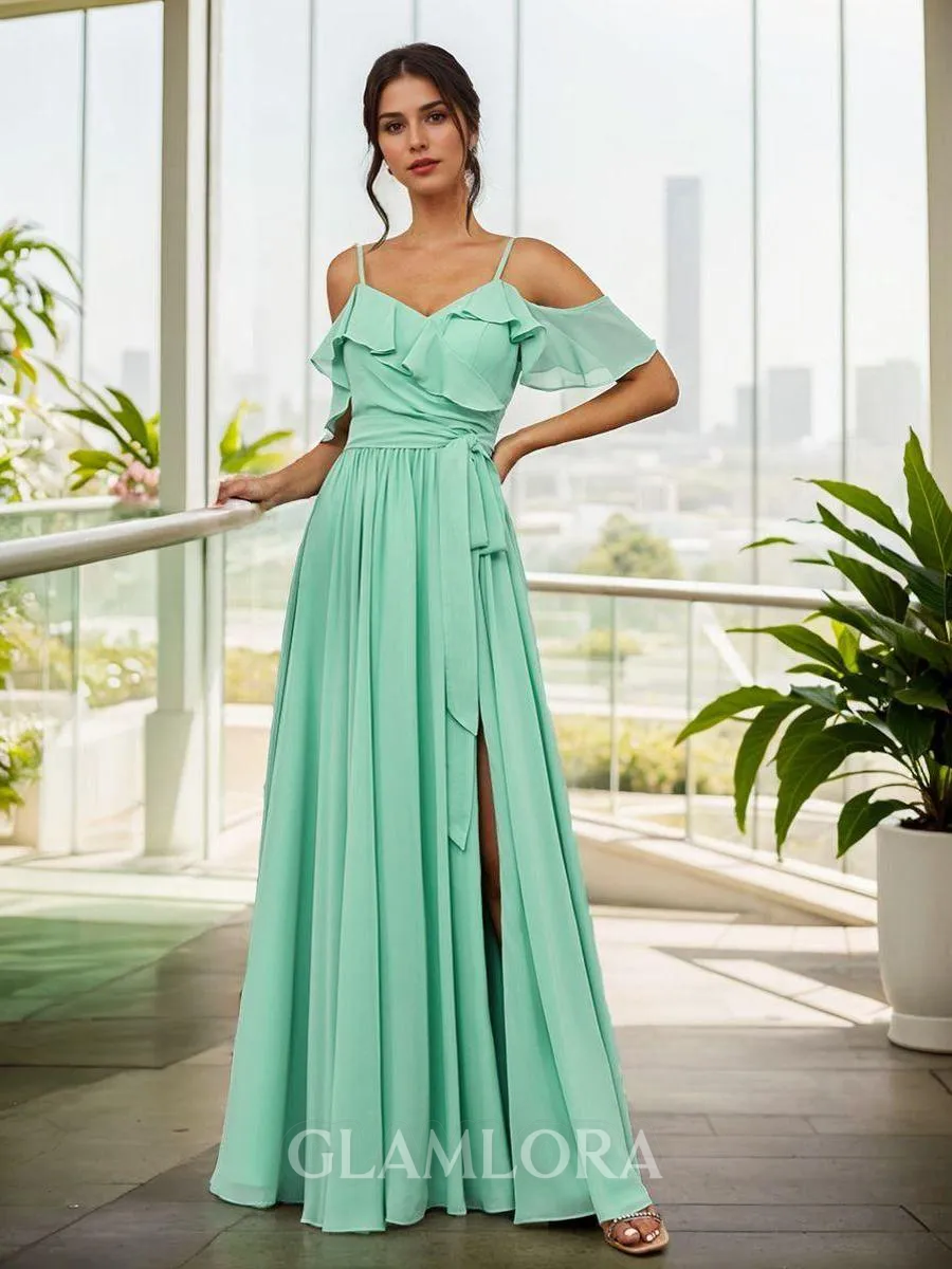 A-line Delicate Cold Shoulder Floor-Length Chiffon Bridesmaid Dress With Slit