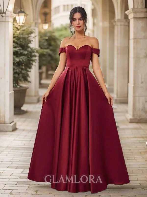 A-line Balanced Off-the-Shoulder Floor-Length Satin Bridesmaid Dress With Pockets